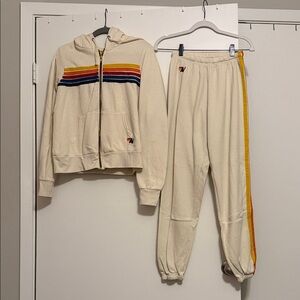 Aviator Nation 5 Stripe Hoodie and Sweatpants — Vintage White